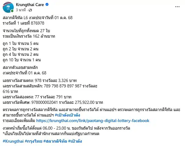ผลสลากดิจิทัล L6 งวดประจำวันที่ 01 ต.ค. 68