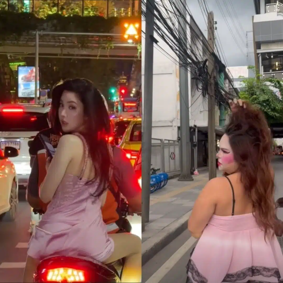 ภาพเปรียบเทียบระหว่าง "เจนิส เจณิสตา" และ "ผอ.แตงโม" ในชุดสีชมพูบนวินมอเตอร์ไซค์