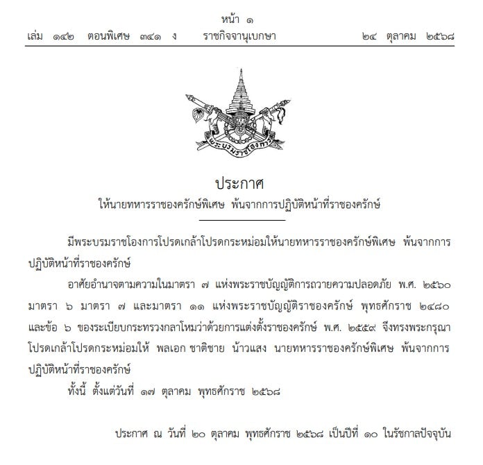พระบรมราชโองการ ประกาศ ให้นายทหารราชองครักษ์พิเศษ พ้นจากการปฏิบัติหน้าที่ราชองครักษ์