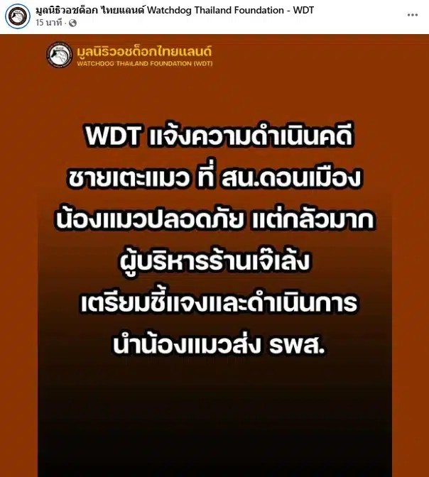 มูลนิธิวอชด็อกอัปเดตความคืบหน้ากรณีชายเตะแมว - 2