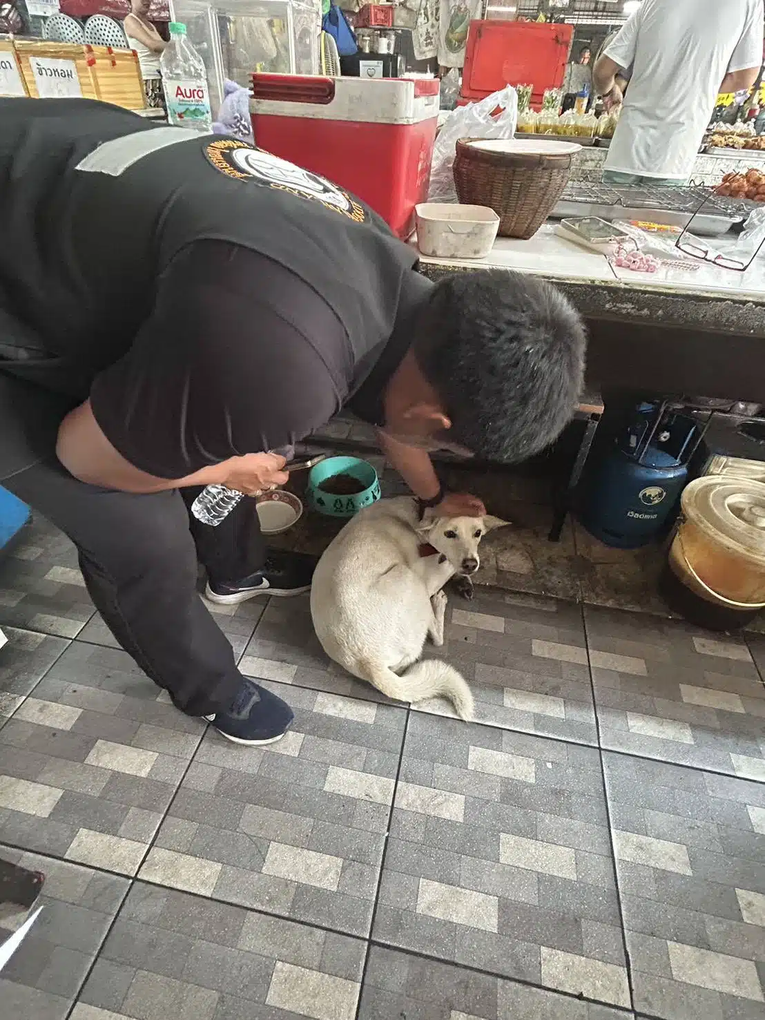 เจ้าหน้าที่ตำรวจของสถานีภูธรปากเกร็ด ลงพื้นที่ตรวจสอบกรณีสุนัขจรจัดหน้าร้านสะดวกซื้อ