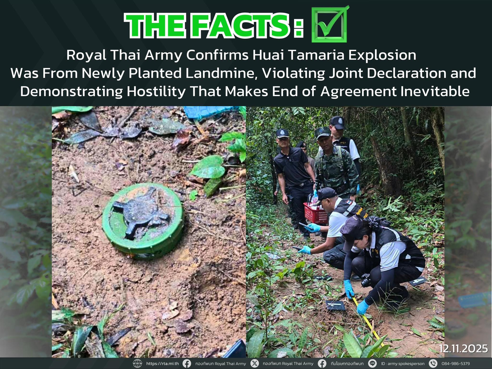 กองทัพบกยืนยันเหตุระเบิดห้วยตามาเรีย เป็นการลักลอบวางทุ่นระเบิดใหม่