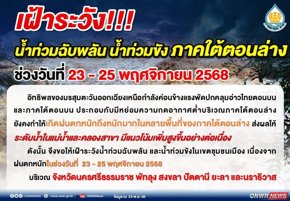 ภาคใต้ตอนล่างฝนตกหนักถึงวันที่ 25 พ.ย. 2568