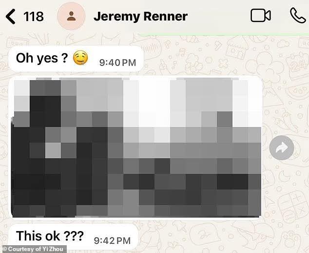 เจเรมี เรนเนอร์ ถูกกล่าวหาว่าส่งภาพโป๊ให้กับอี้ โจว