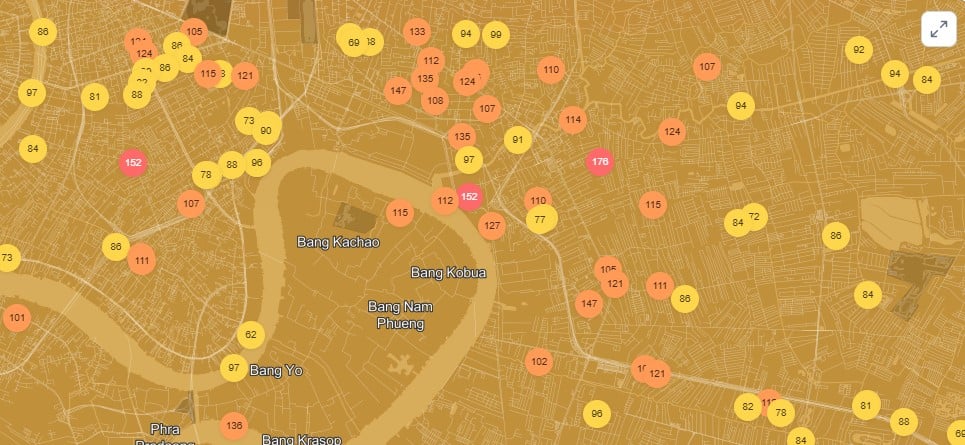 ปทุมวันมีค่าฝุ่น PM2.5 อยู่ที่ 96 US AQI ซึ่งไม่ดีต่อสุขภาพ