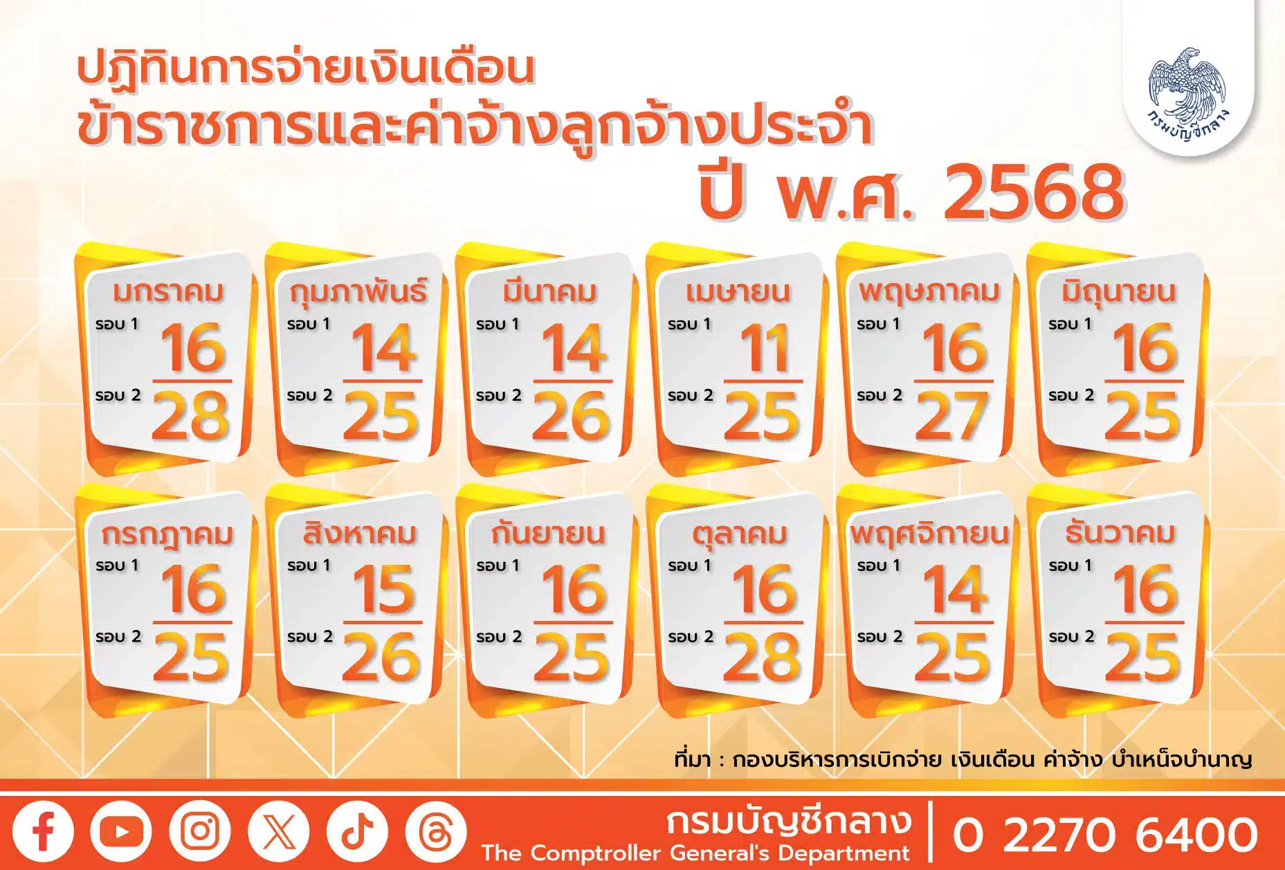 ปฏิทินจ่ายเงินเดือนข้าราชการ 2568