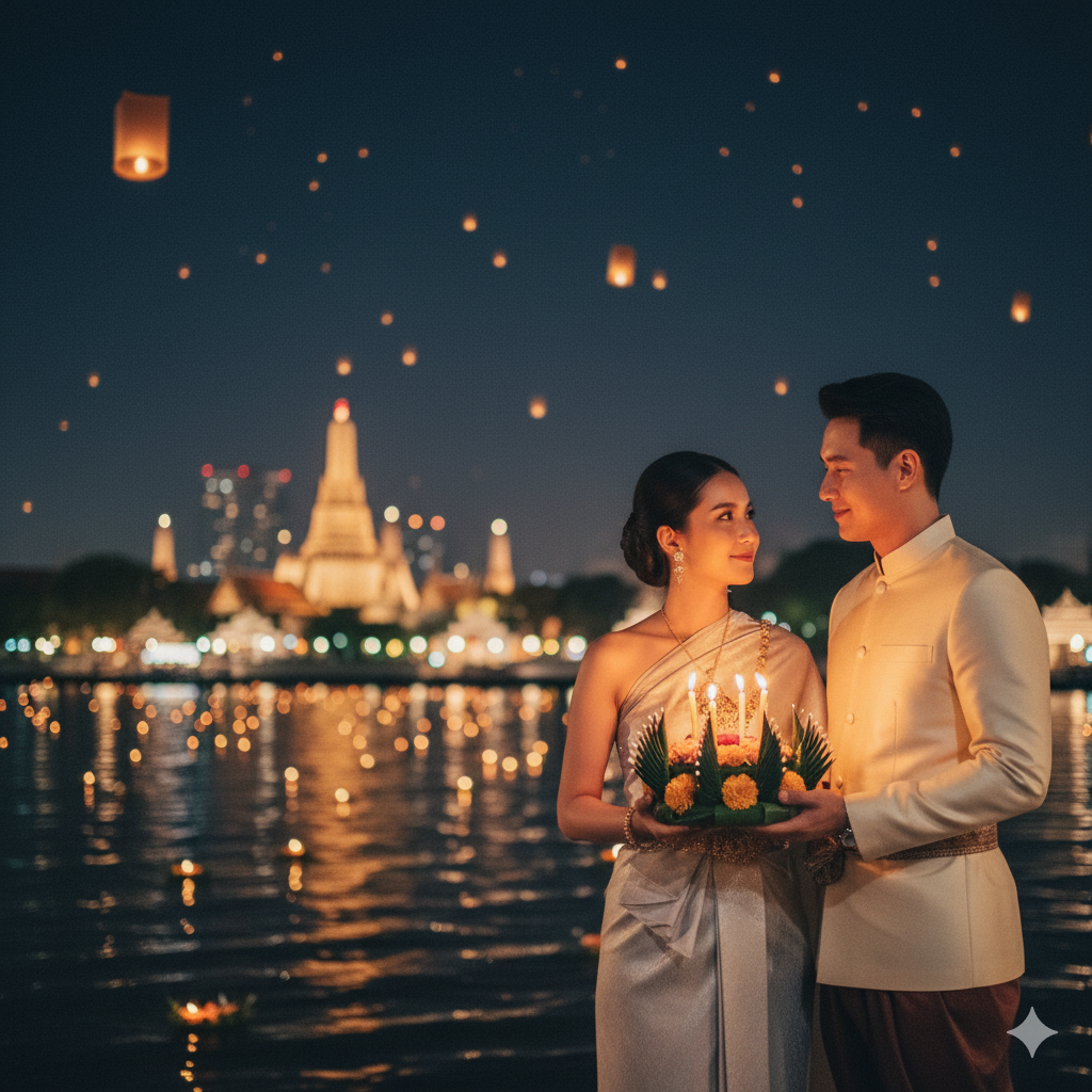 ภาพคู่ใบหน้าเหมือนจริงทั้งสองคน ยืนถือกระทงด้วยกัน ริมแม่น้ำเจ้าพระยา