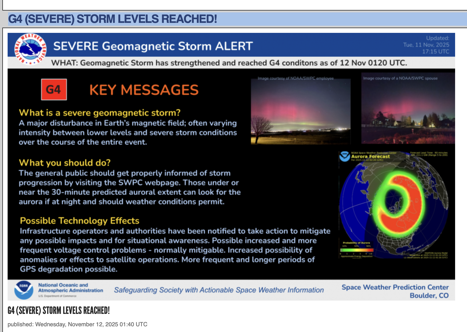 สหรัฐฯ ประกาศเตือนภัย พายุสุริยะ ระดับ G4 รุนแรง อาจกระทบระบบ GPS-ดาวเทียม-ไฟฟ้าภาคพื้นดิน แต่มีโอกาสเห็น แสงเหนือ กว้างกว่าปกติ