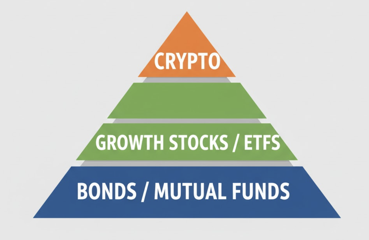 อินโฟกราฟิกพีระมิด 3 ชั้น ฐานล่างสุดกว้างๆ กองทุน/ตราสารหนี้ ชั้นกลาง หุ้นพื้นฐาน/ETF ยอดพีระมิดเล็กๆ คริปโต