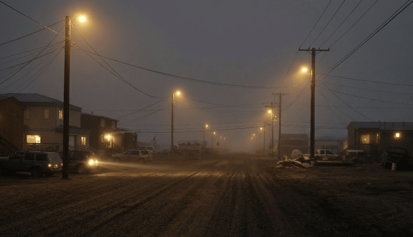 บรรยากาศของความมืดในอุตเกอาร์วิกที่มีแสงไฟถนนส่องสว่าง