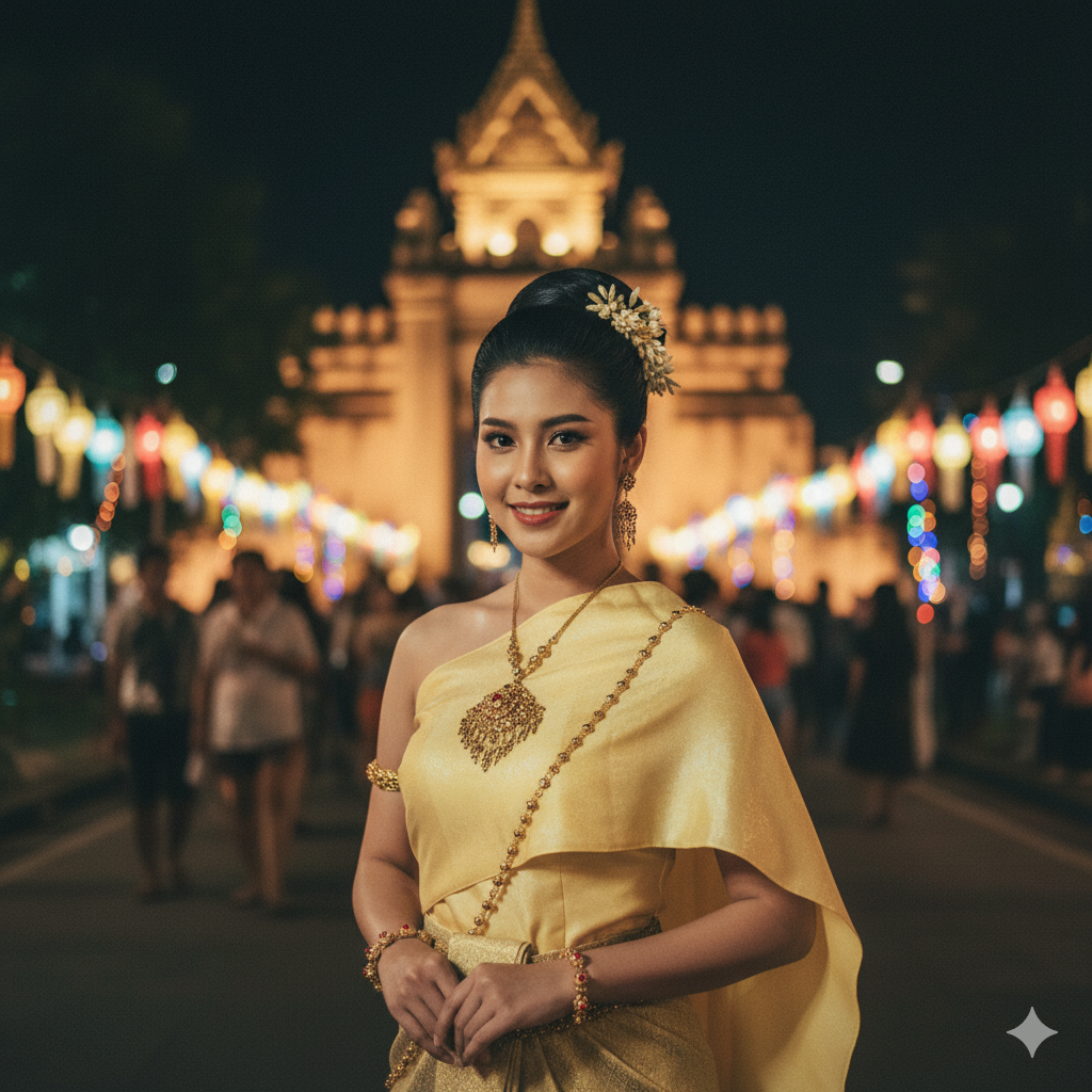 ภาพเหมือน 100% ชุดไทยโบราณสีเหลืองพาสเทล ฉากหลังประตูท่าแพ