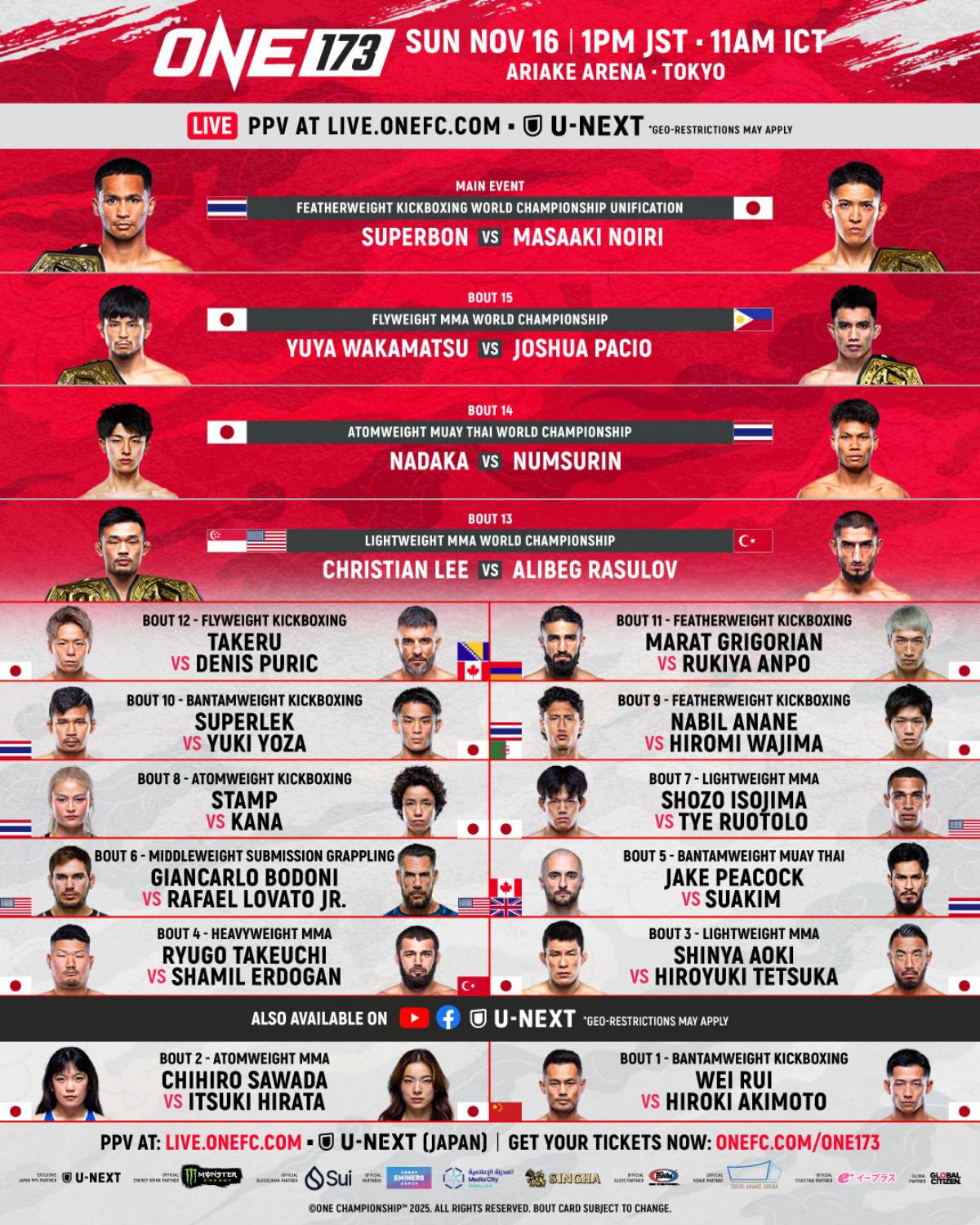 มวยone173 โปรแกรมชกวันนี้ 16 พฤศจิกายน 2025