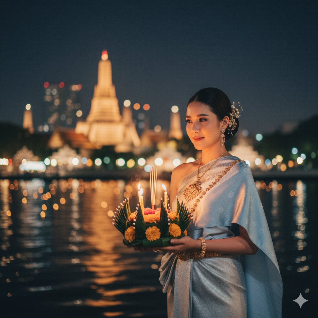 สร้างภาพเหมือนใบหน้าต้นฉบับ 100% ชุดไทยโบราณโทนฟ้า ห่มสไบ เรียบหรู ถือกระทงใบตอง