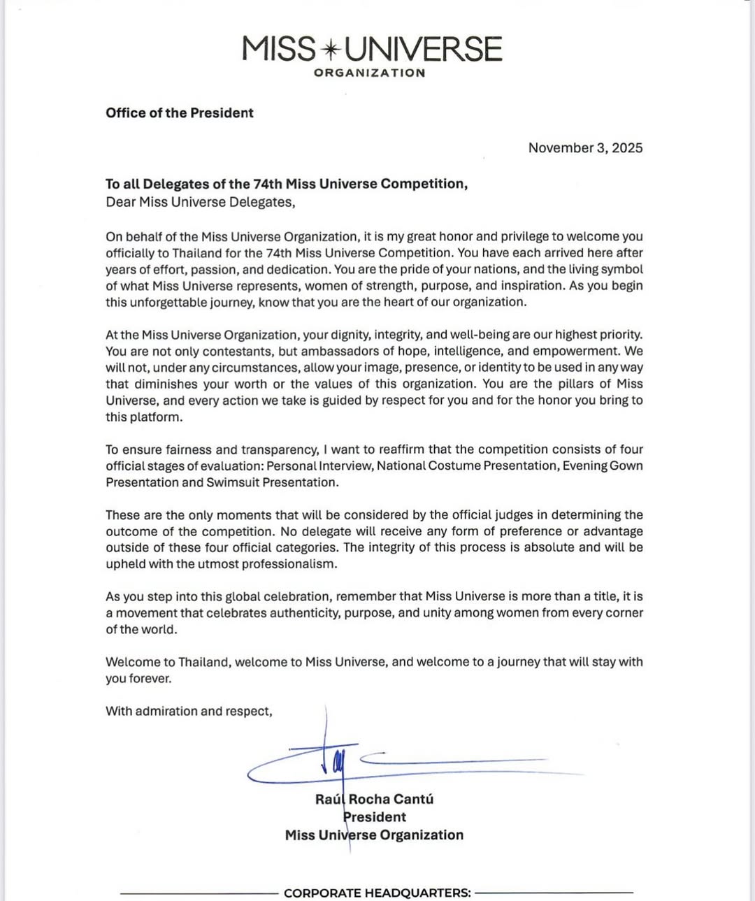 จดหมายต้อนรับผู้เข้าประกวดจากนายราอูล