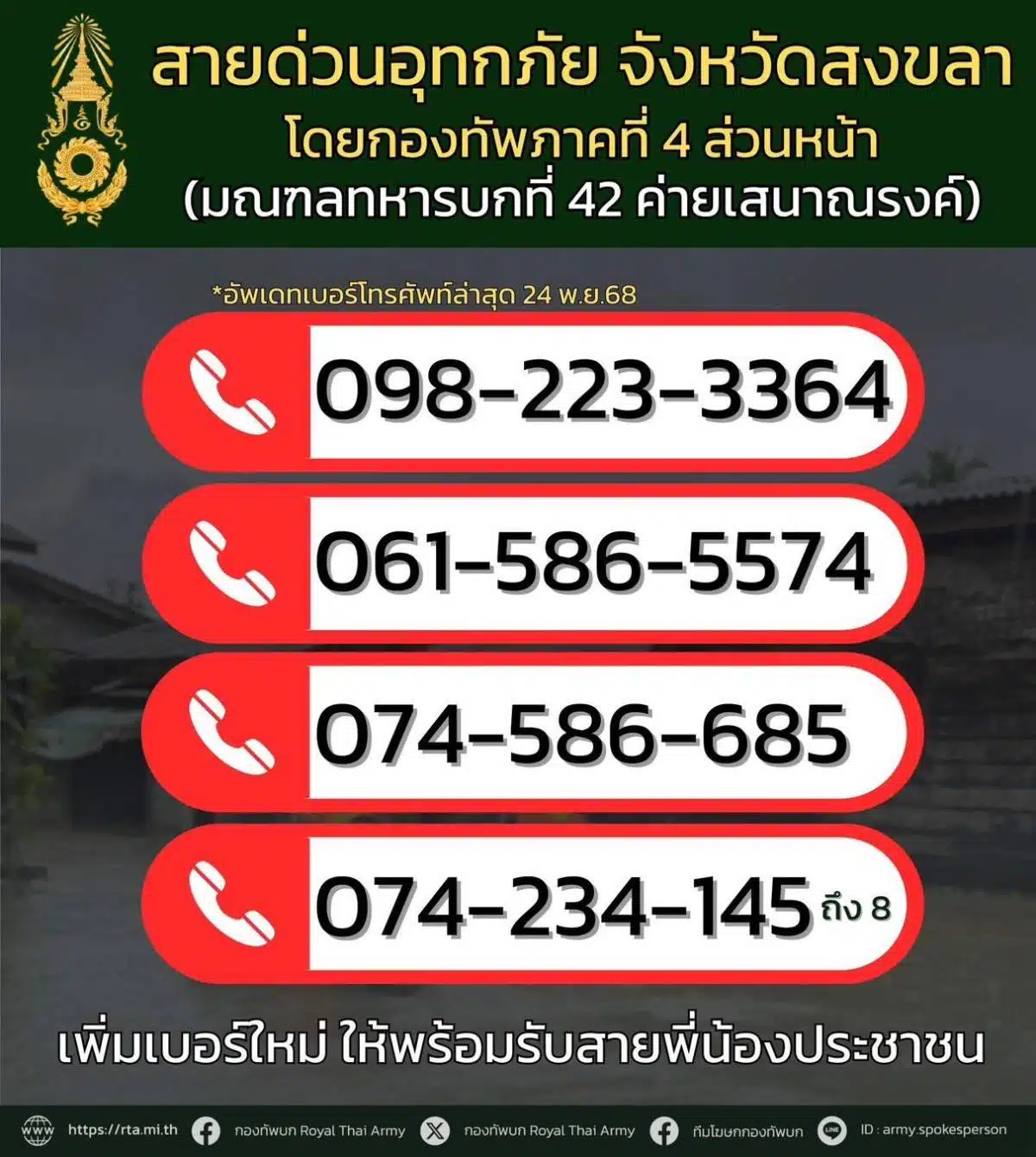 เบอร์สายด่วนสงขลา ช่วยน้ำท่วมวันนี้ 24 พ.ย.68