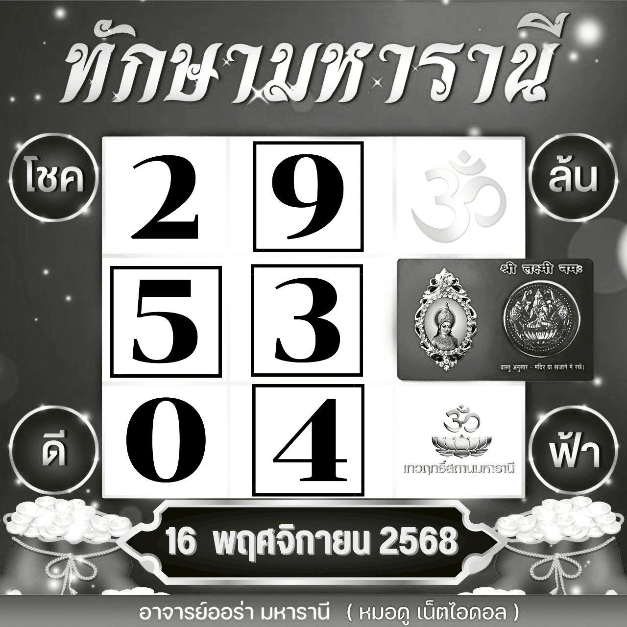 เลขเด็ด อาจารย์ออร่า งวด 16 11 68 ตารางทักษามหารานี