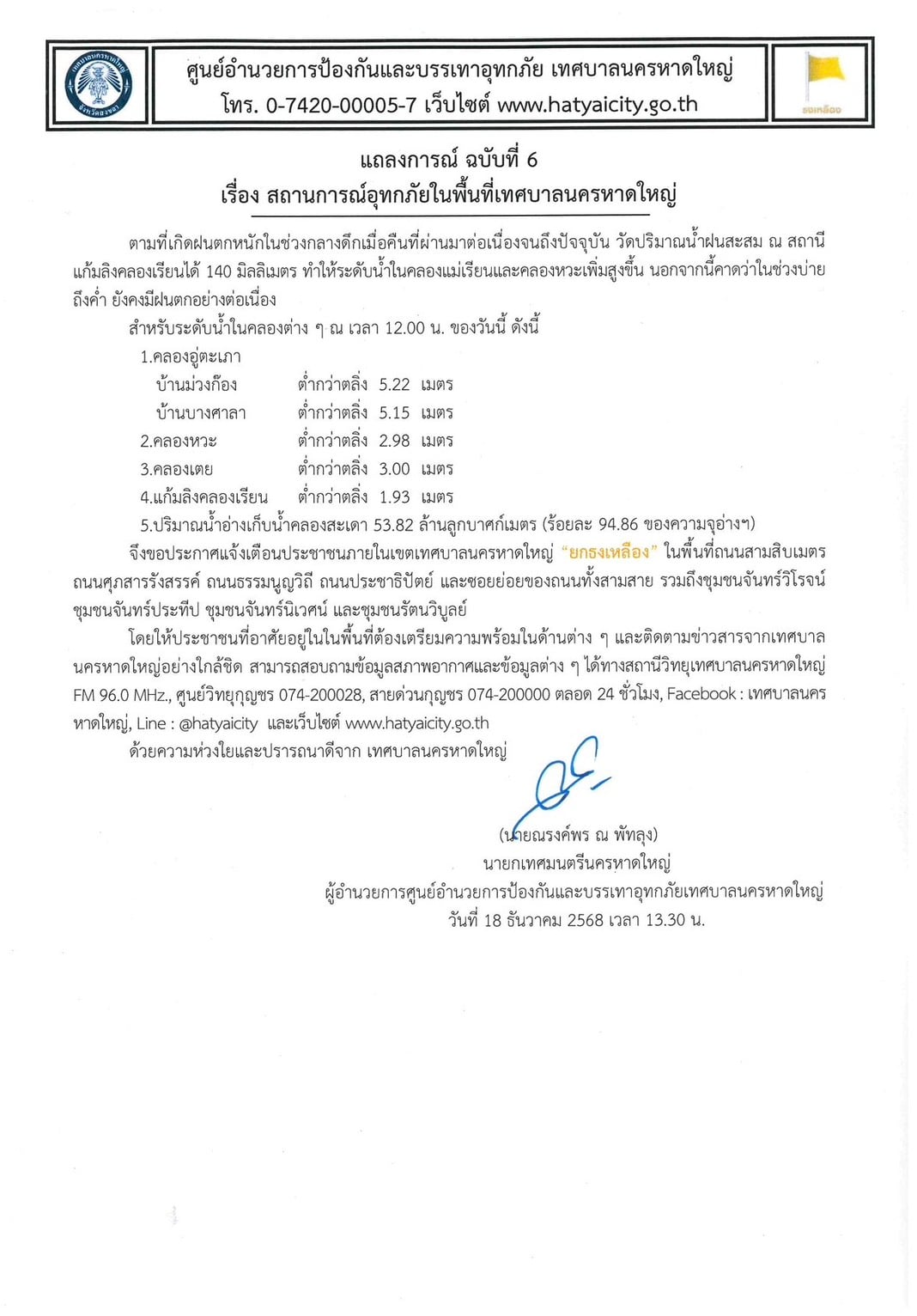 ระดับน้ำในคลองต่างๆ ณ เวลา 12.00 น. ของวันนี้