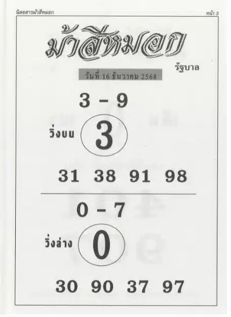 ใบแนวทาง เลขเด็ด ม้าสีหมอก 16 12 68