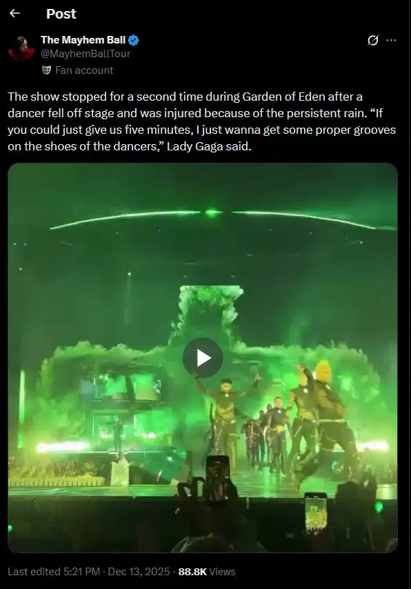 เหตุการณ์แดนเซอร์ตกเวทีเกิดขึ้นในระหว่างโชว์ของเลดี้ กาก้า