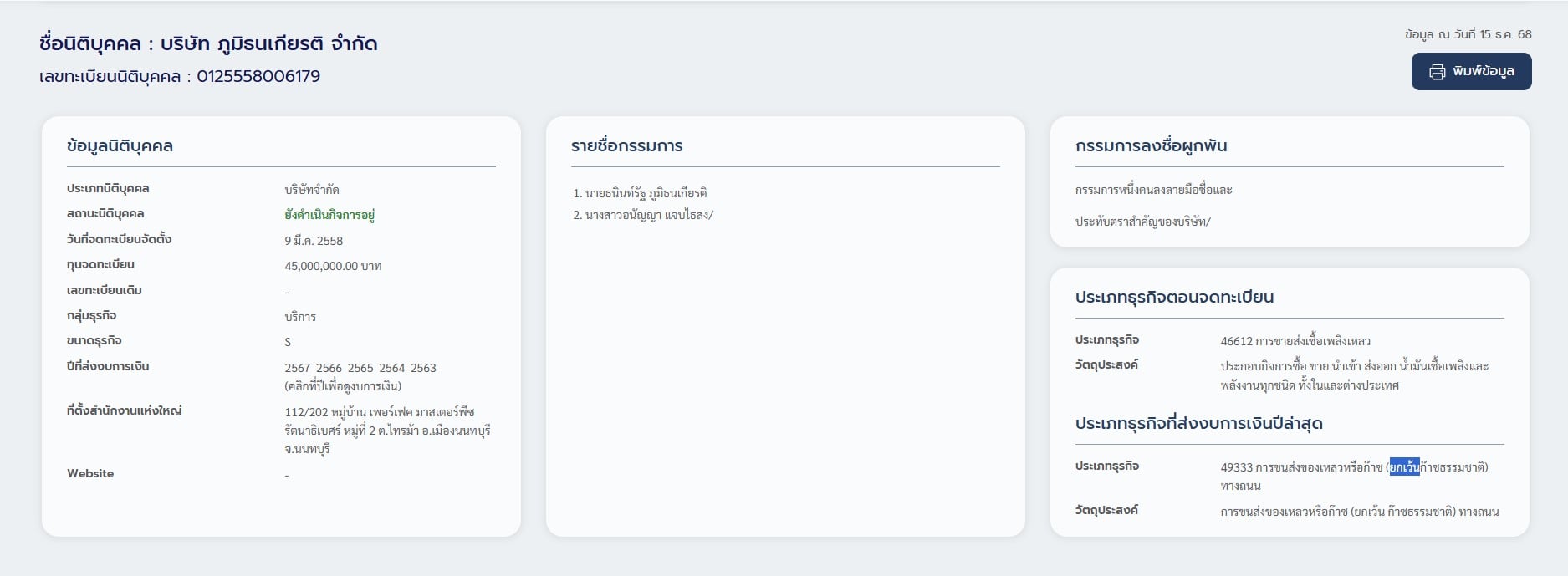 บริษัท ภูมิธนเกียรติ จำกัด ประสบปัญหารายได้หดตัว 64% ในปี 2567.