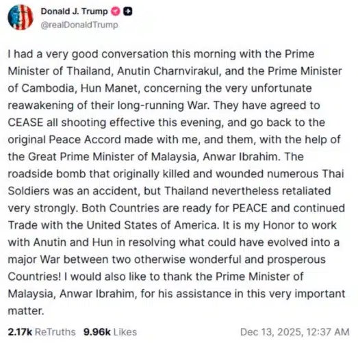 ทรัมป์ เผยผลคุย ไทย-กัมพูชา ผู้นำสองประเทศตกลงหยุดยิง คืนสู่ปฏิญญาร่วมฯ-1