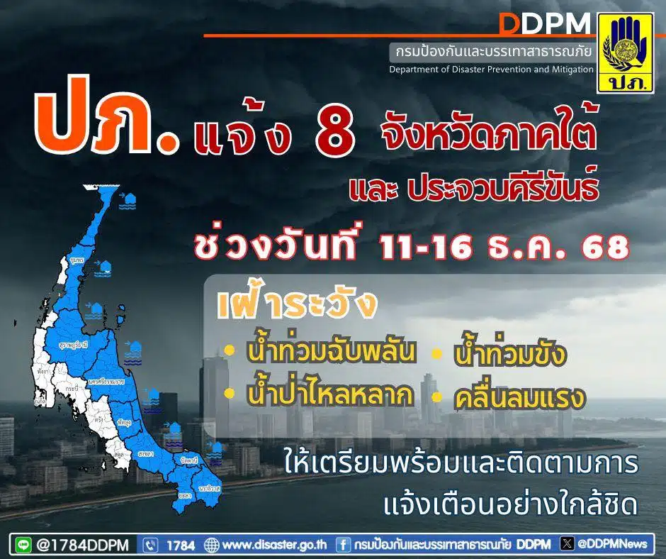 ปภ. เตือน 9 จังหวัด ระวังน้ำท่วมฉับพลัน-น้ำป่าไหลหลาก 11-16 ธ.ค.นี้-1