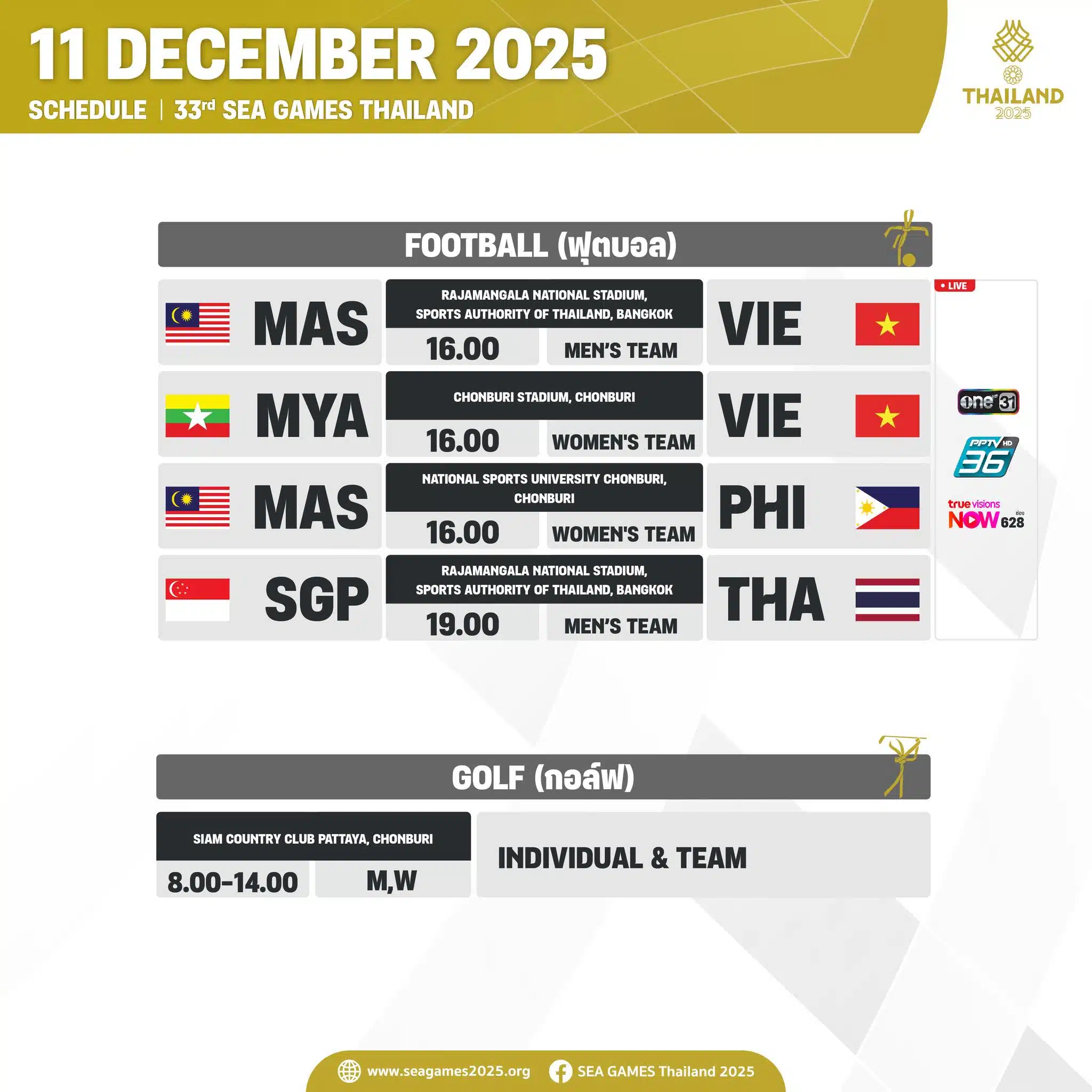 ช่อง ONE 31 ถ่ายทอดสดฟุตบอลชาย มาเลเซีย พบ เวียดนาม ในซีเกมส์ 2025