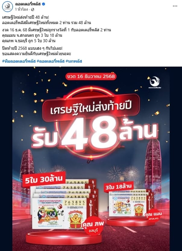 เศรษฐีใหม่ ถูกรางวัลที่ 1 กับลอตเตอรี่พลัส 8 ใบ 48 ล้าน หนุ่มชลบุรี รับเละคนเดียว 30 ล้าน-1