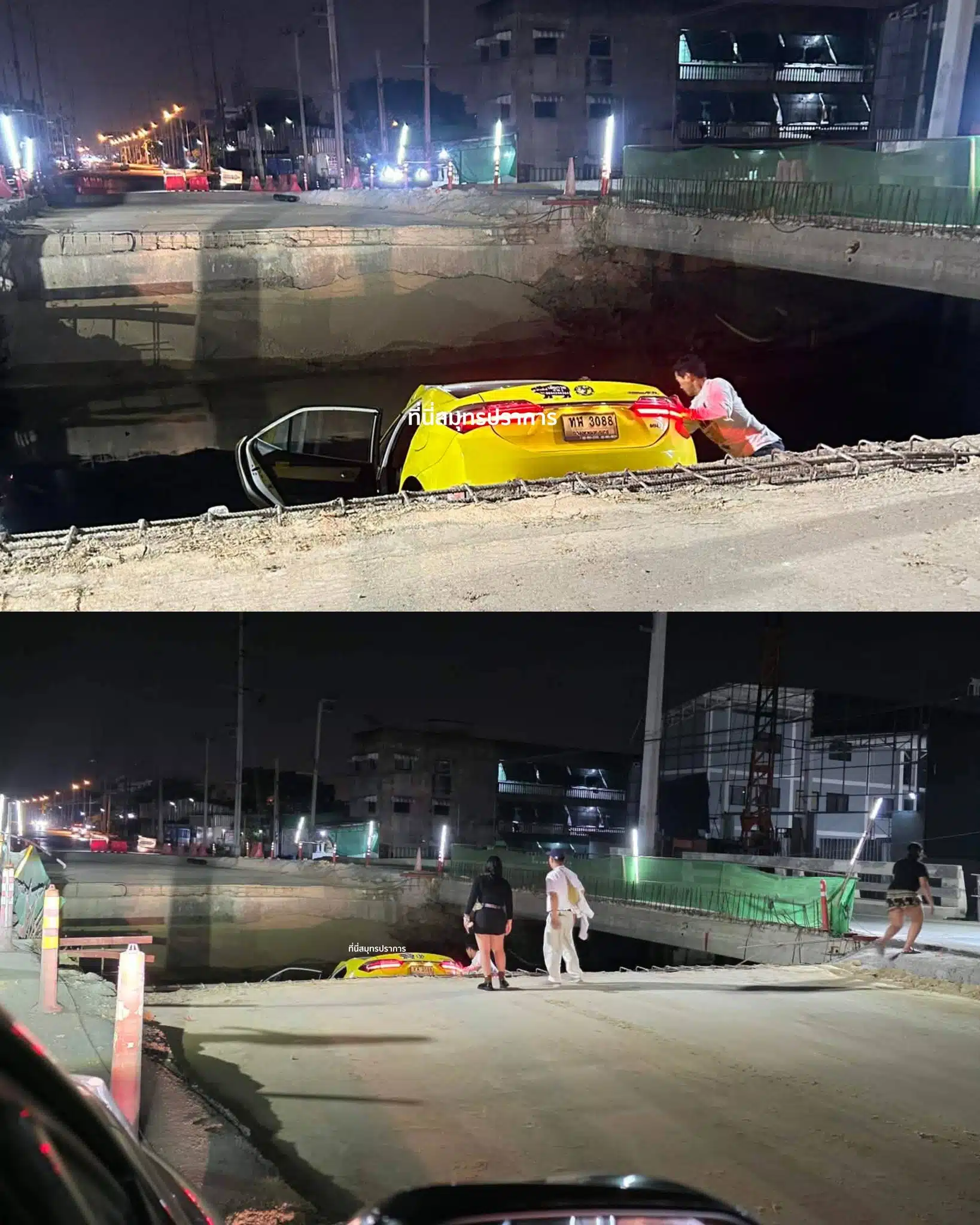 รถแท็กซี่ขับตกหลุมก่อสร้าง ถนนหลังวัดหนามแดง ใกล้โรงเรียนวัดหนามแดง ช่วงทางก่อสร้างสะพาน