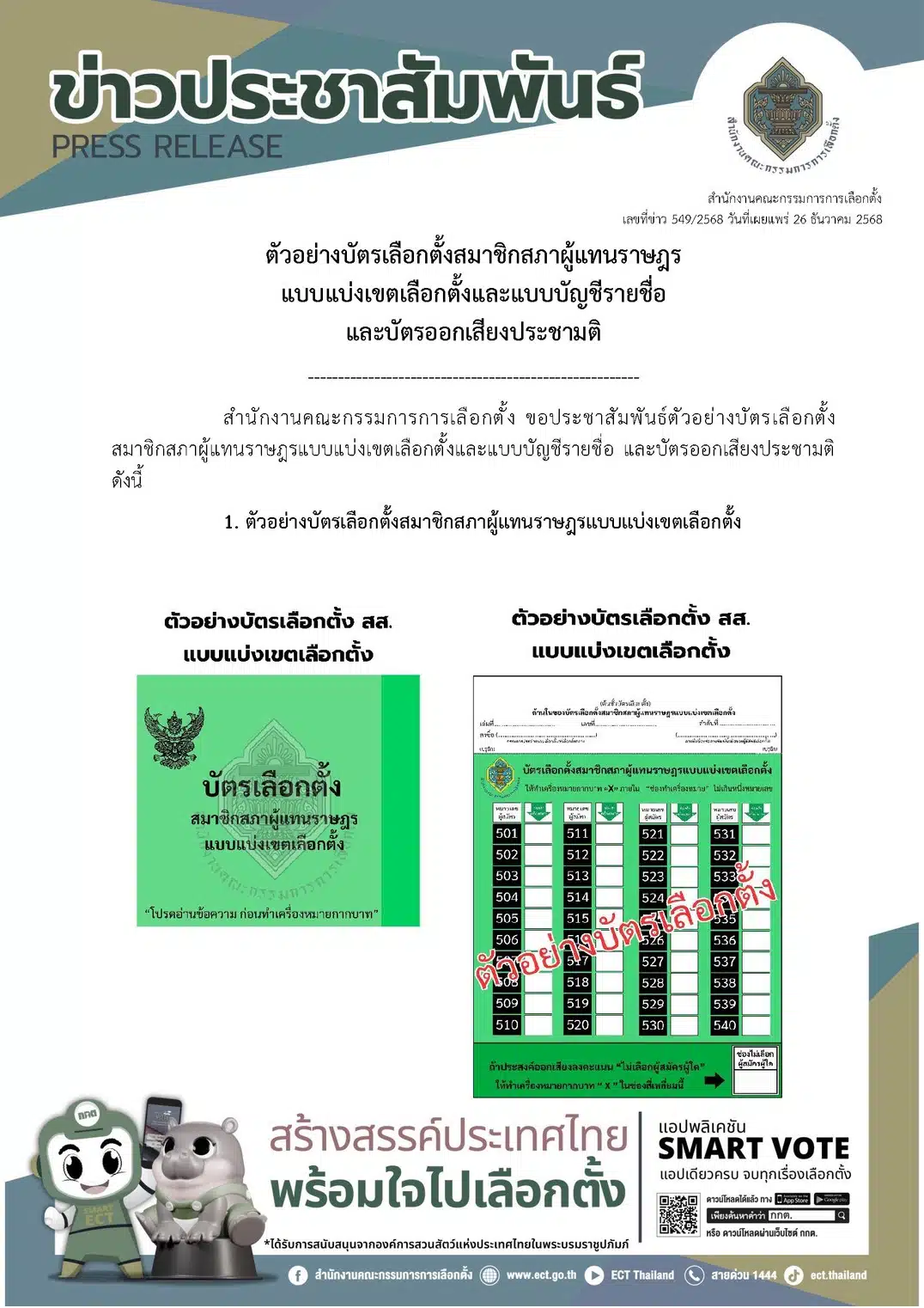 บัตรเลือกตั้ง 3 สี เขียว ชมพู และเหลือง