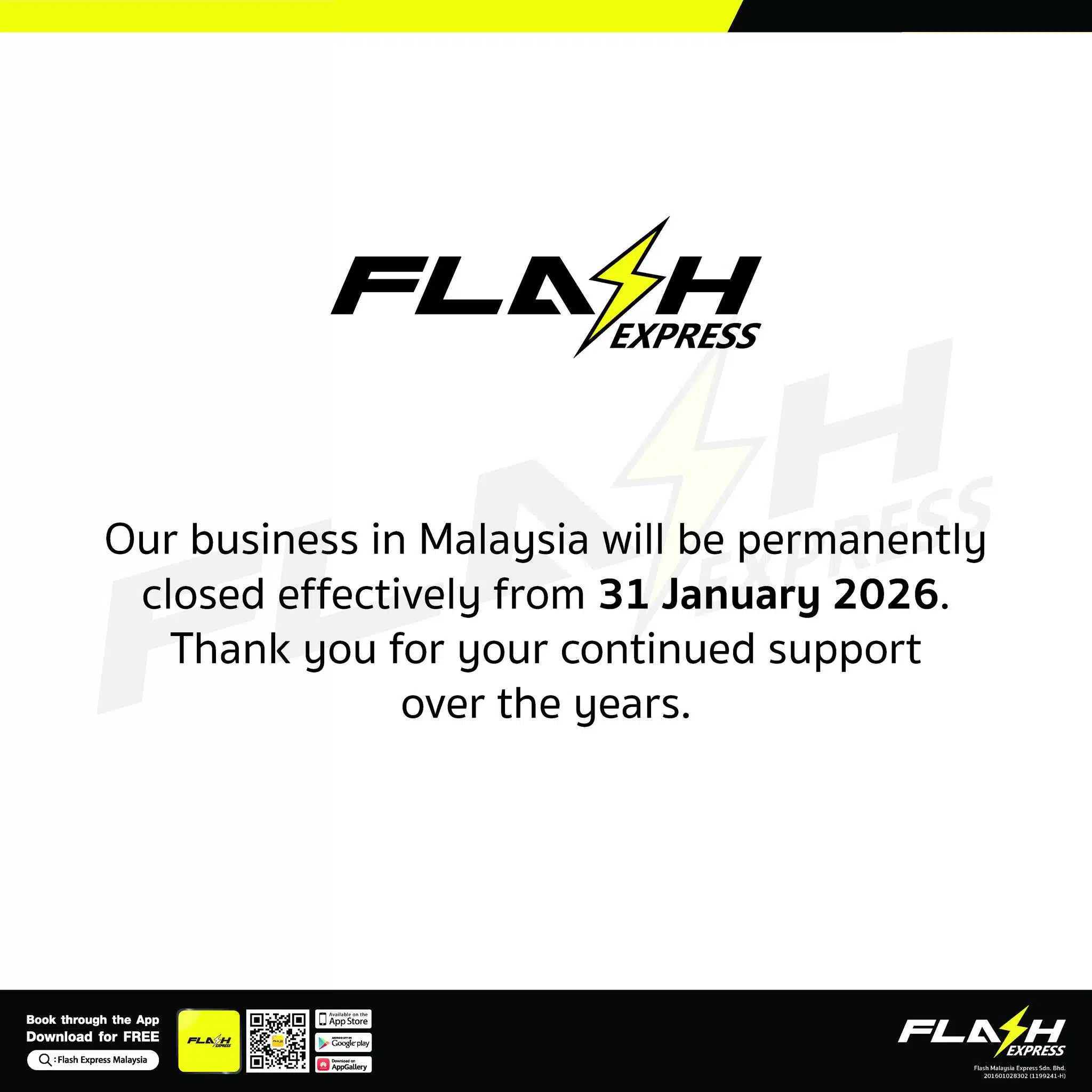 กราฟิกประกาศปิดกิจการ Flash Express Malaysia