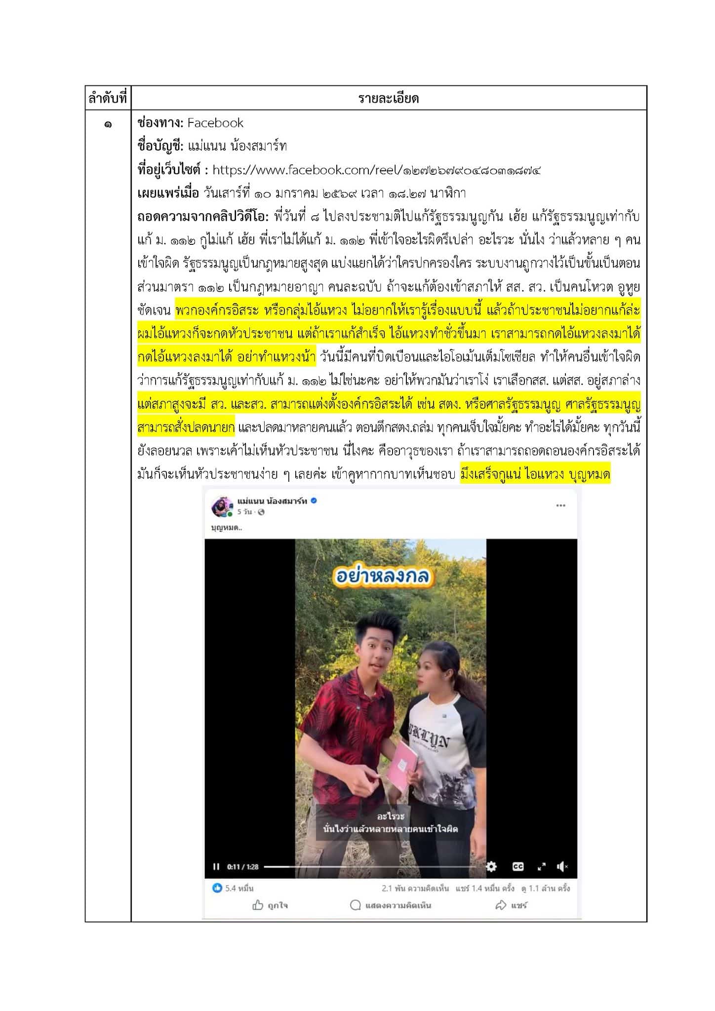 คลิปจากเพจแม่แนน น้องสมาร์ท เสี่ยงต่อการกระทำความผิด