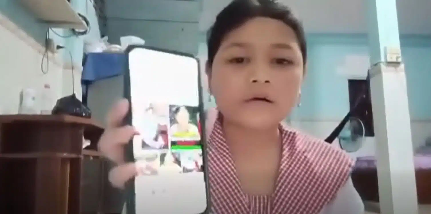 น้องโมนิก้า เด็กหญิงชาวกัมพูชาขณะอัดคลิปชี้แจง