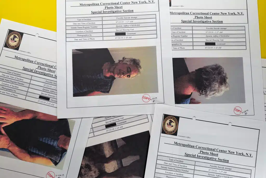 เอกสารจากกระทรวงยุติธรรมสหรัฐฯ ซึ่งถูกเปิดเผยเมื่อวันอังคารที่ 10 ก.พ. 2569 ปรากฏรายงานของเรือนจำ Metropolitan Correctional Center พร้อมภาพถ่ายของ เจฟฟรีย์ เอปสเตน ภายหลังพยายามฆ่าตัวตายเมื่อวันที่ 23 ก.ค. 2562 (ภาพ: AP Photo/Jon Elswick)