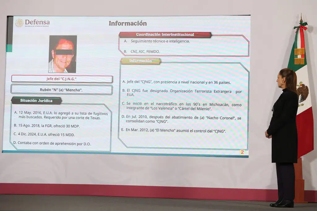 ประธานาธิบดีเม็กซิโก คลาวเดีย เชนบอม ดูสไลด์ที่มีข้อมูลเกี่ยวกับเนเมซิโอ โอเซเกรา เซอร์แวนเตส หรือที่รู้จักกันในชื่อ "เอล เมนโช" หัวหน้าแก๊งยาเสพติดฮาลิสโก นิว เจเนอเรชั่น คาร์เทล
