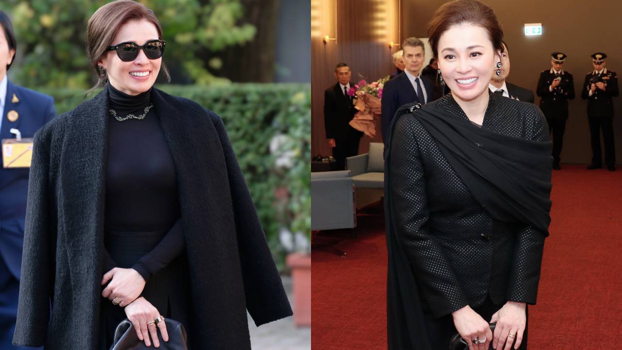 ทรงพระสิริโฉม พระราชินี ฉลองพระองค์เซ็ตสูทผ้าไหมไทยสีดำเรียบหรู เสด็จฯ เยือนอิตาลี