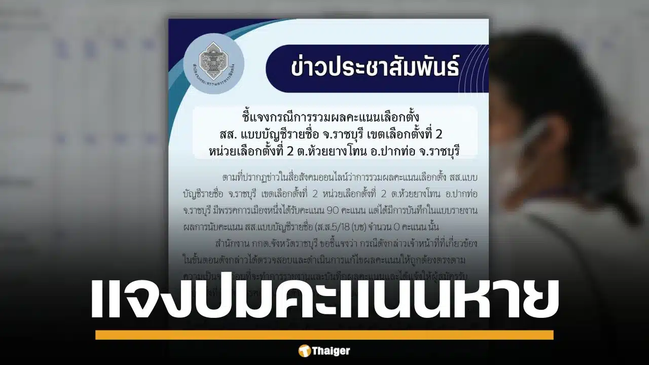 กกต.ราชบุรี แจงปมคะแนน พรรคการเมืองหาย 90 คะแนน ยันแก้ไขตัวเลขถูกต้องแล้ว