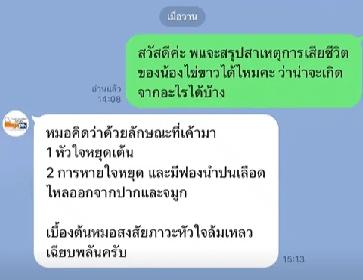 แพทย์ยืนยันว่าไข่ขาวลูกแมร๊ เสียชีวิตเนื่องจากความเครียดและอาการเจ็บปวด