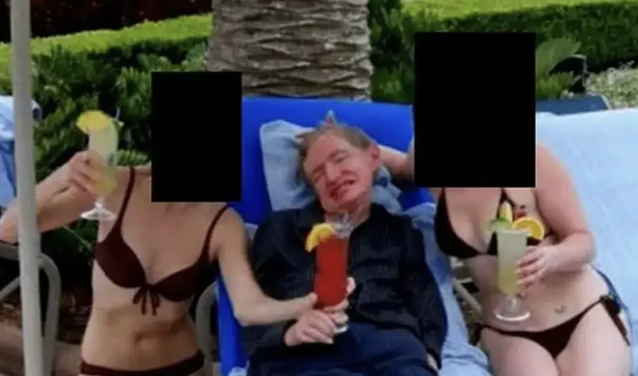 หลุดภาพ สตีเฟน ฮอว์คิง ยิ้มร่า สาวบิกินี่ ขนาบข้าง ครอบครัวแจงความจริง หนังคนละม้วน