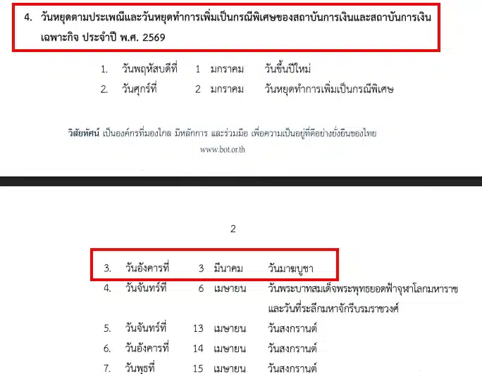 วันมาฆบูชา 2569 ธนาคารหยุดไหม