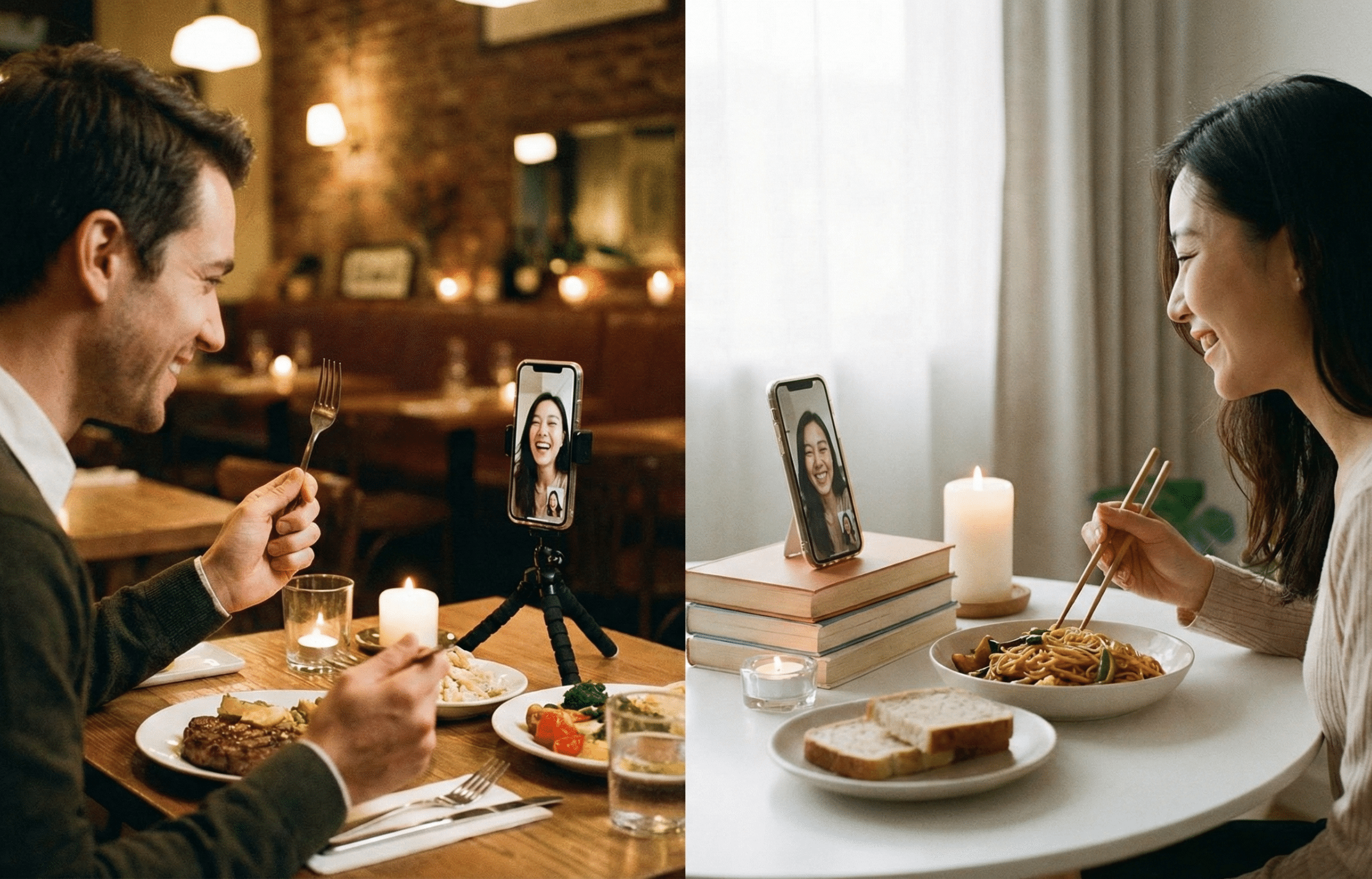 คู่รักกำลังวิดีโอคอลรับประทานอาหารเย็นด้วยกันผ่านแท็บเล็ต