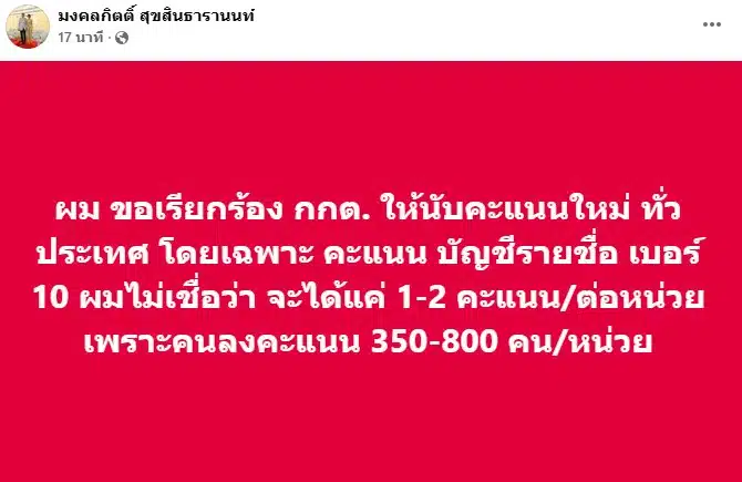 เต้ มงคลกิตติ์ ไม่เชื่อได้คะแนนเลือกตั้งน้อย