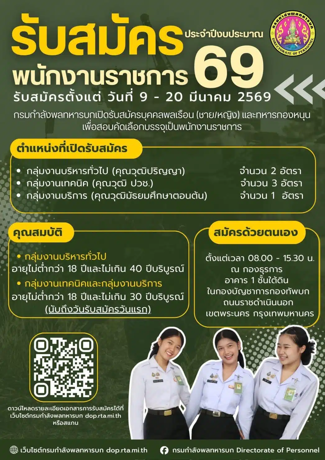 กรมกำลังพลทหารบก เปิดรับสมัครพนักงานราชการ ประจำปี 2569 รวม 6 อัตรา