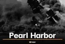 ภาพของเรือ USS Arizona ที่กำลังจะจมจากการโจมตีของกองบินผสมของญี่ปุ่น