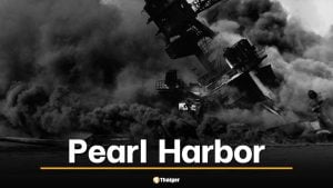 ภาพของเรือ USS Arizona ที่กำลังจะจมจากการโจมตีของกองบินผสมของญี่ปุ่น