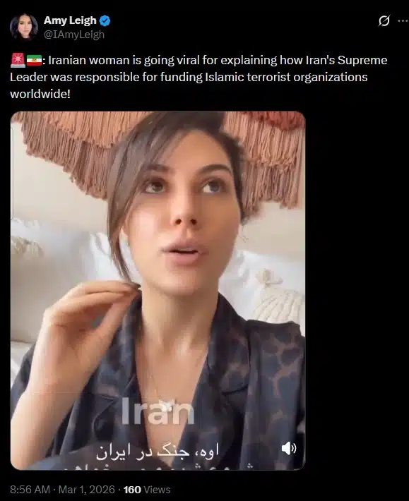 หญิงชาวอิหร่านอัดคลิปผ่าน X ส่งสารถึงชาวโลกเมื่อ 1 มีนาคม 2569