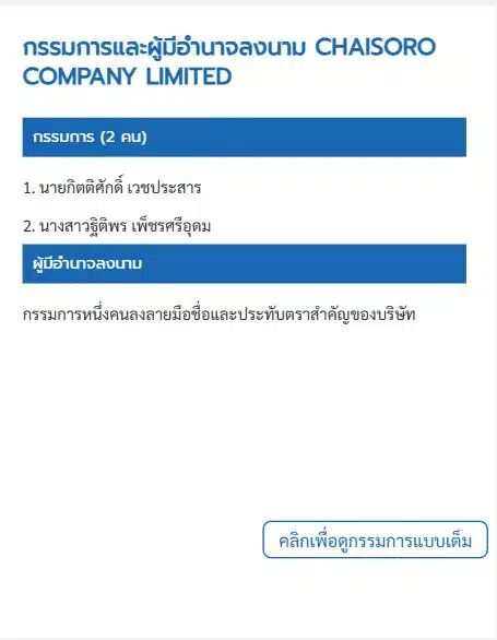 ปัจจุบันกรรมการและผู้มีอำนาจลงนาม มีทั้งหมด 2 ท่าน คือ นายกิตติศักดิ์ เวชประสาร และ นางสาวฐิติพร เพ็ชรศรีอุดม