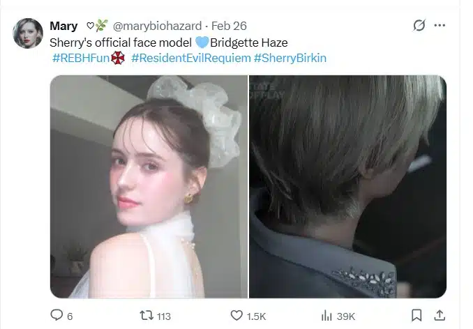 แอคเคานต์ X ตัวแม่สายข่าวเกมอย่าง @marybiohazard ได้ออกมาฟาดหลักฐาน คอนเฟิร์มชัดเจนแล้วว่า Face Model (ต้นแบบใบหน้า) ของสาวน้อย Sherry Birkin ในภาค Requiem นี้ คือคุณพี่ บริดเจ็ตต์ เฮซ (Bridgette Haze)