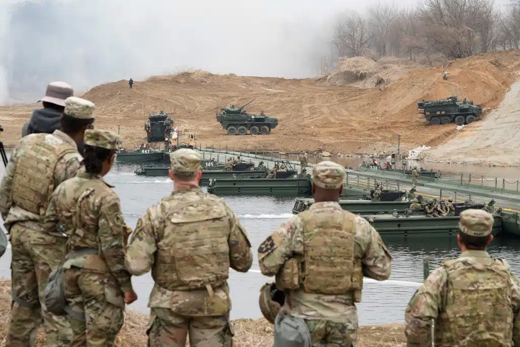 U.S. Army's armored vehicles move during a joint river-crossing exercise between South Korea and the United States as a part of the Freedom Shield military exercise in Yeoncheon, South Korea, Saturday, March 14, 2026.