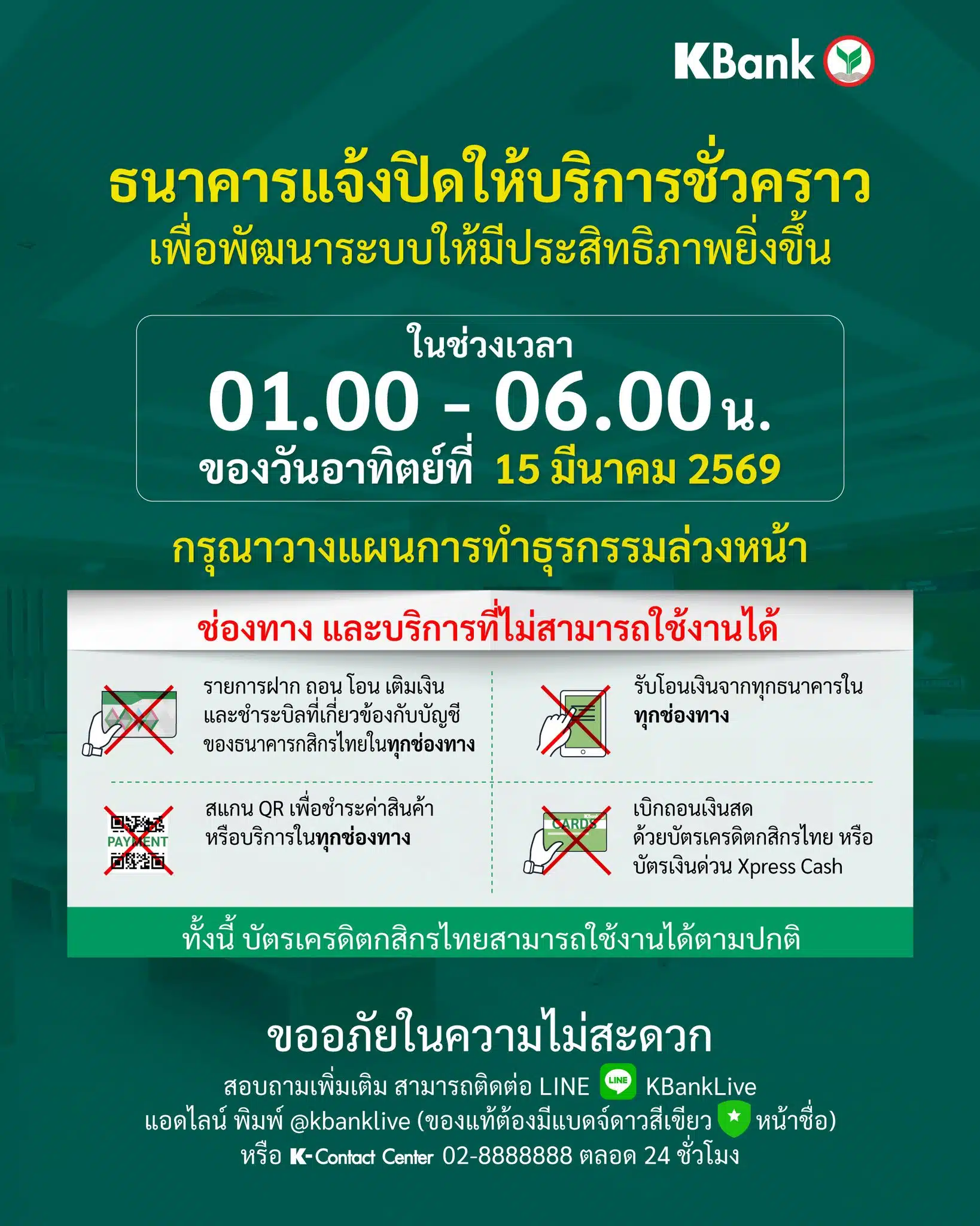 ธนาคารกสิกรไทยแจ้งปิดให้บริการชั่วคราว